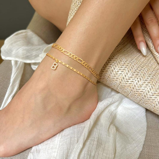 2pc Diamond Initial Chain Anklet Set