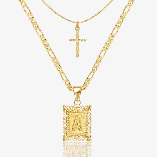 2pc 14k Initial & Cross Layered Necklace Set