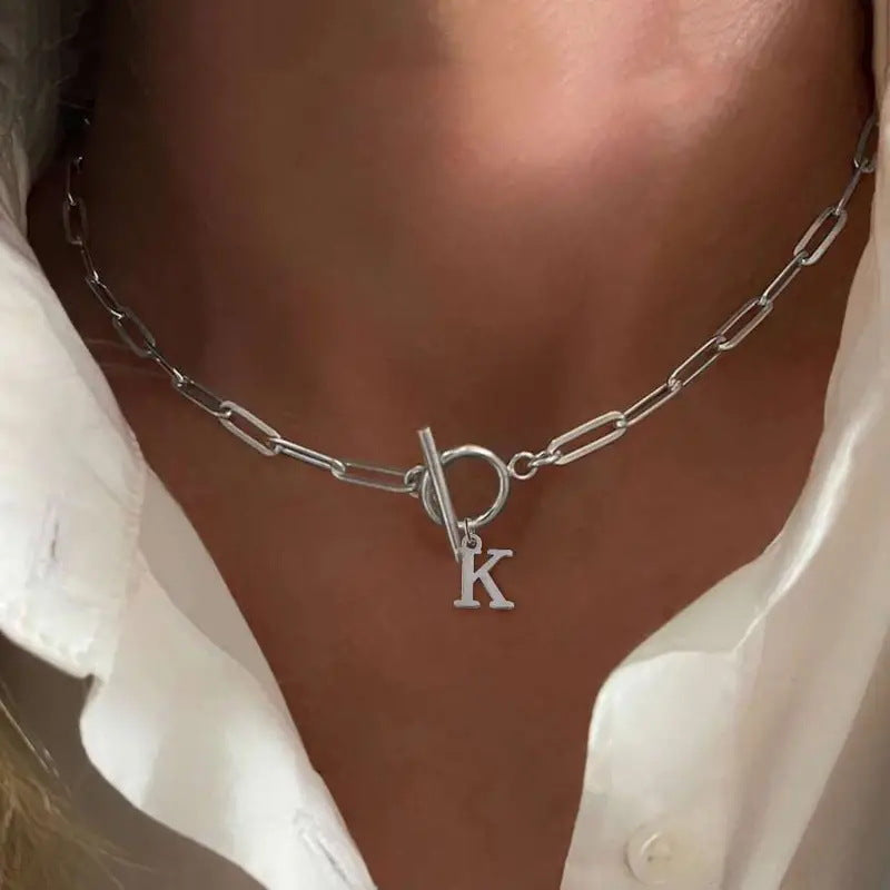 Paperclip Initial Circle Lock Clasp Necklace