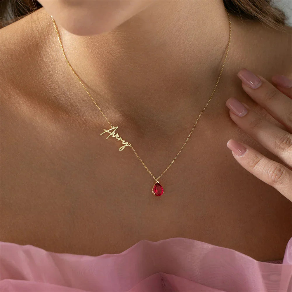 Custom Name & Teardrop Birthstone Necklace