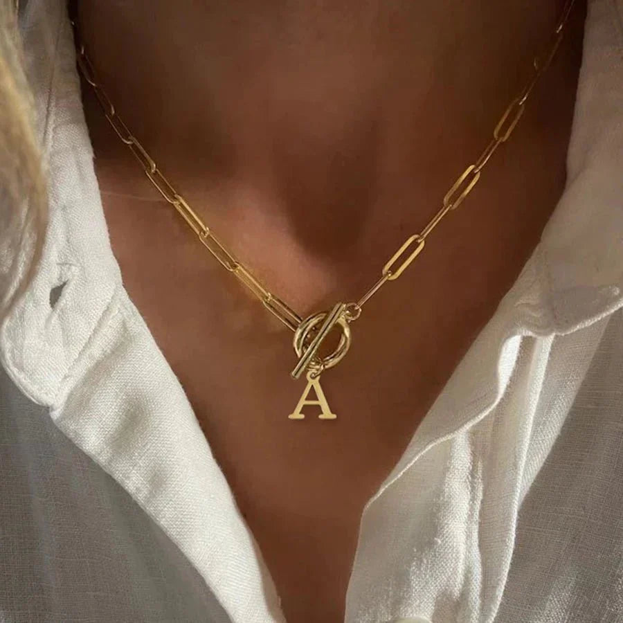 Paperclip Initial Circle Lock Clasp Necklace